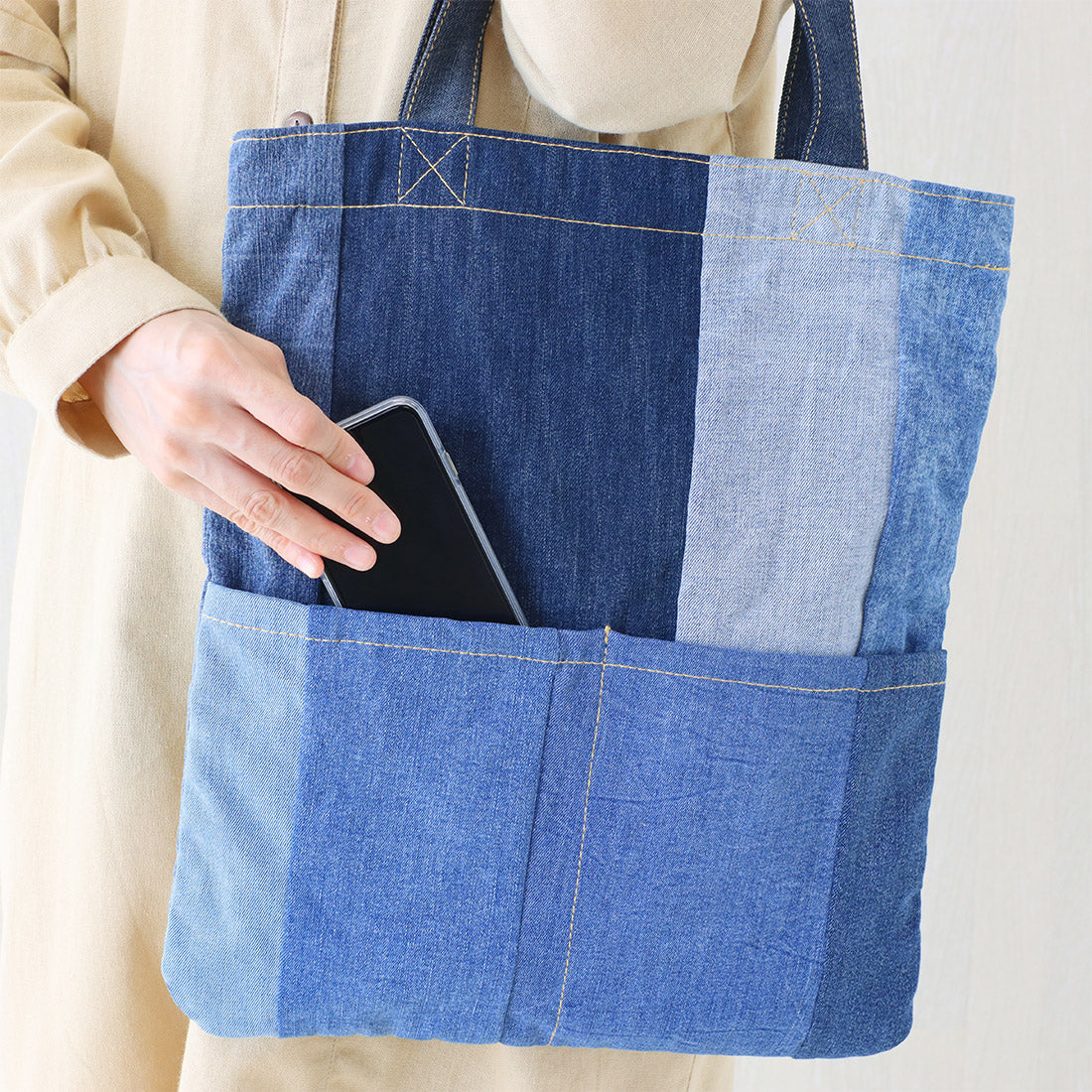 Used Denim Patchwork Tote Bag - image 6