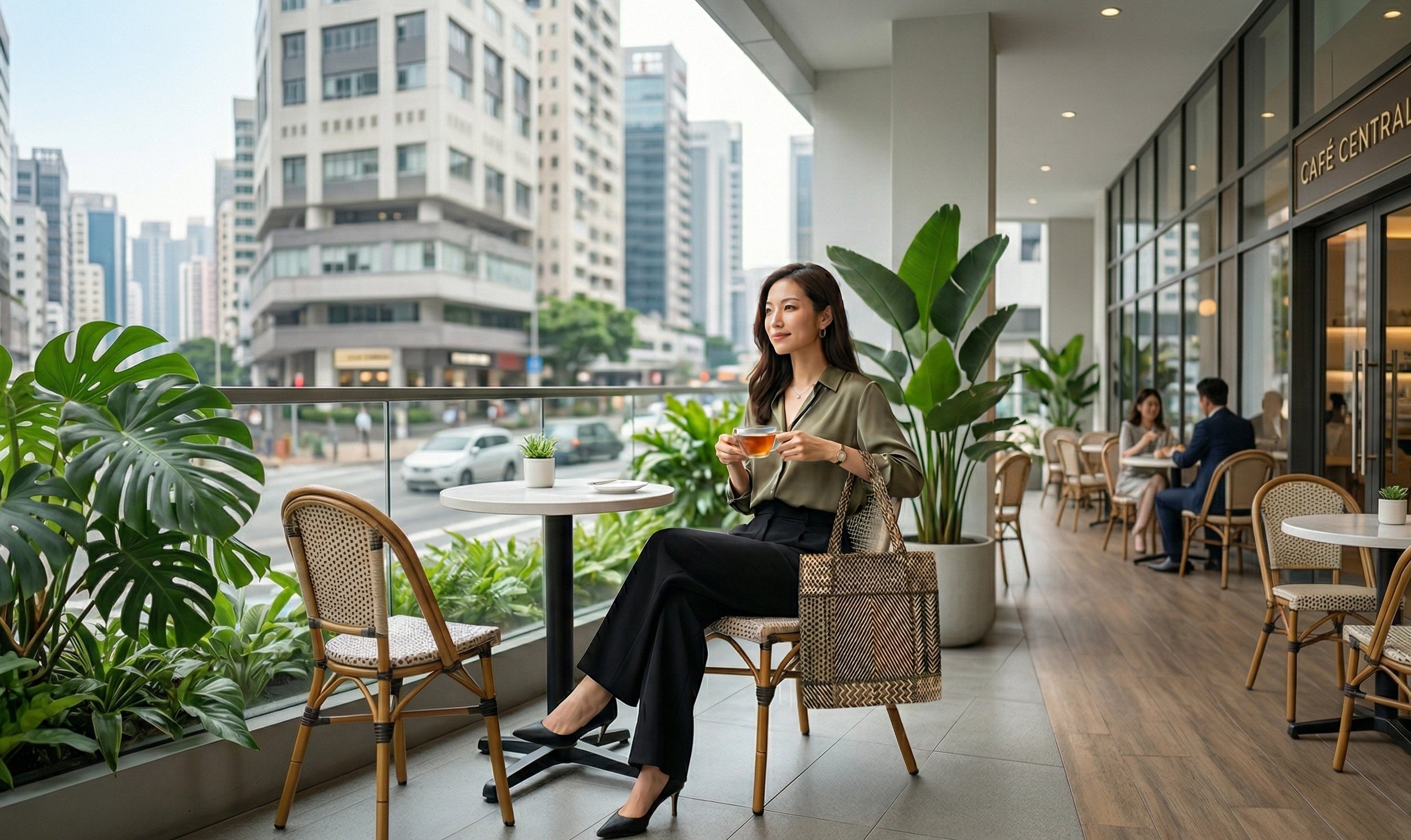 Woman holding a handcrafted African motif tote bag at a sunlit cafe in the city